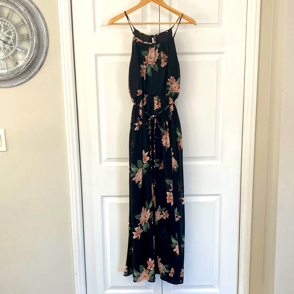 Floral Black Maxi Dress with Spaghetti Straps